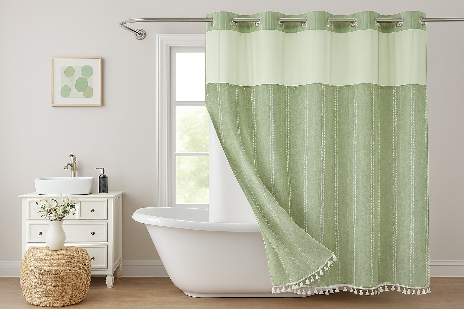 eachope Sage Green Farmhouse No Hook Shower Curtain